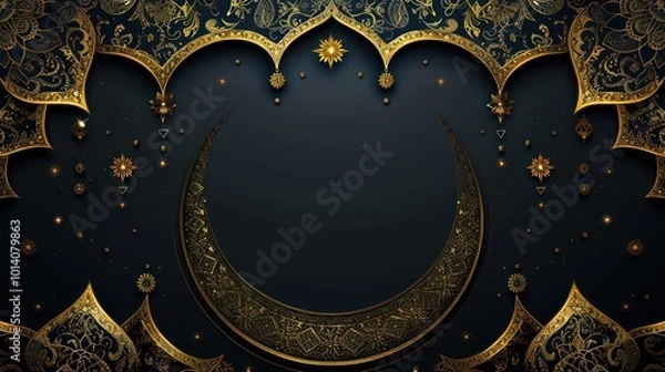 Fototapeta A decorative background featuring intricate gold patterns and a crescent moon, ideal for cultural or festive themes.