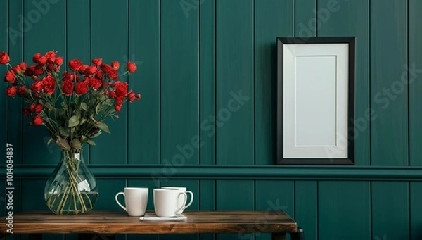Fototapeta A solid green wall with horizontal wood paneling, a small vase of flowers and...