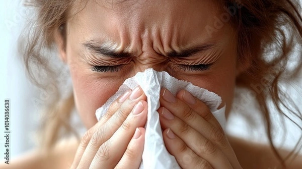 Obraz A person sneezing into a tissue, with visible lines or small puffs of air to indicate the action