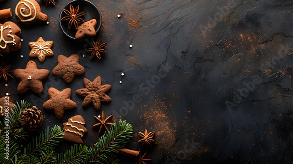Fototapeta gingerbread cookies with fir branches and spices close-up on dark background with copy space, christmas confectionery banner with place for text