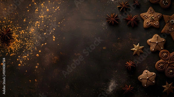 Fototapeta gingerbread cookies with fir branches and spices close-up on dark background with copy space, christmas confectionery banner with place for text