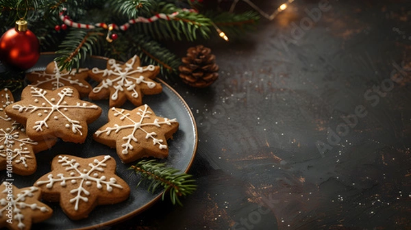 Fototapeta gingerbread cookies with fir branches and spices close-up on dark background with copy space, christmas confectionery banner with place for text