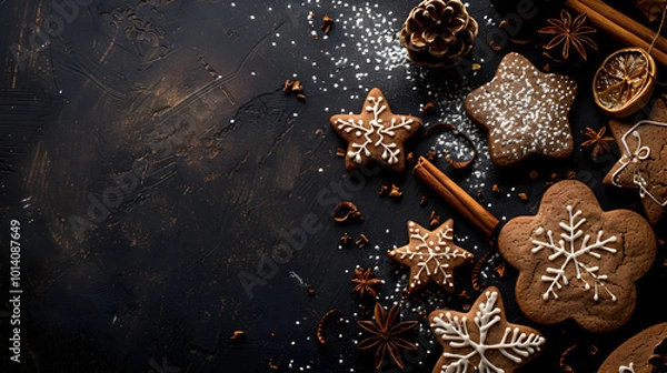 Fototapeta gingerbread cookies with fir branches and spices close-up on dark background with copy space, christmas confectionery banner with place for text