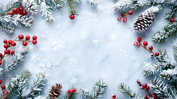 Fototapeta on a white background a frame of snow-covered spruce branches, cones and Christmas tree toys with space for text, the basis for a Christmas leaflet with copy space