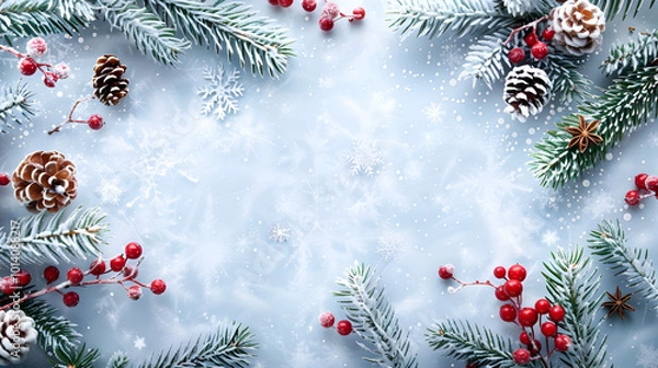 Fototapeta on a white background a frame of snow-covered spruce branches, cones and Christmas tree toys with space for text, the basis for a Christmas leaflet with copy space