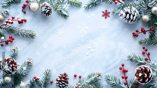 Fototapeta on a white background a frame of snow-covered spruce branches, cones and Christmas tree toys with space for text, the basis for a Christmas leaflet with copy space