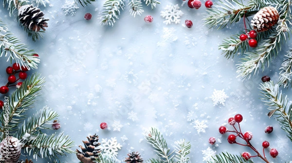 Fototapeta on a white background a frame of snow-covered spruce branches, cones and Christmas tree toys with space for text, the basis for a Christmas leaflet with copy space