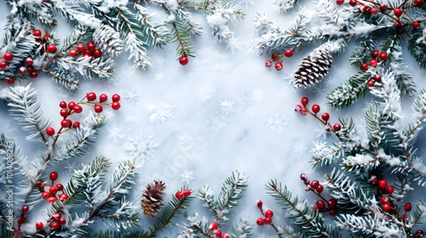 Obraz on a white background a frame of snow-covered spruce branches, cones and Christmas tree toys with space for text, the basis for a Christmas leaflet with copy space