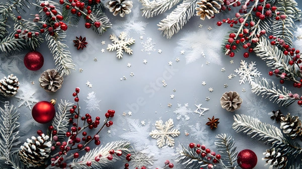 Fototapeta on a white background a frame of snow-covered spruce branches, cones and Christmas tree toys with space for text, the basis for a Christmas banner with copy space