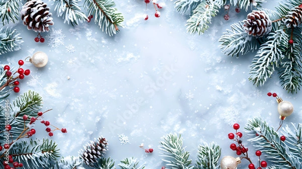 Fototapeta on a white background a frame of snow-covered spruce branches, cones and Christmas tree toys with space for text, the basis for a Christmas banner with copy space