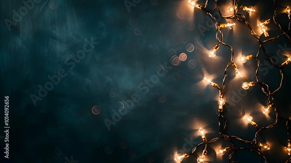 Fototapeta Christmas banner with copy space, glowing garland on dark blue background with space for text