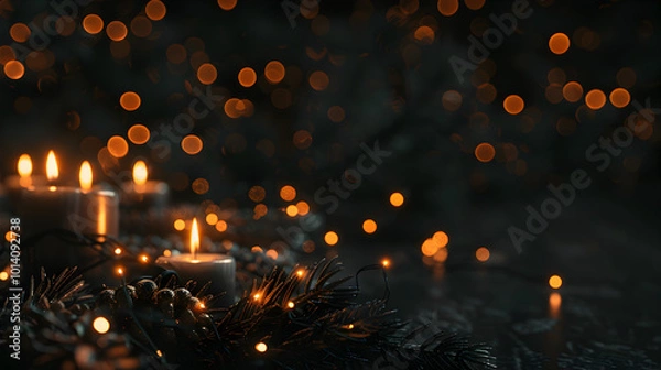 Fototapeta Christmas banner with copy space, candles close up with garland and bokeh on dark background with space for text