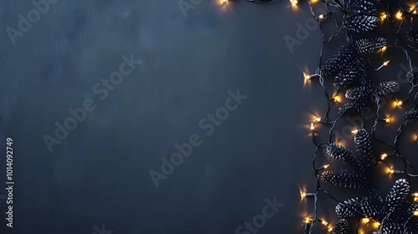 Fototapeta Christmas banner with copy space, glowing garland on dark blue background with space for text