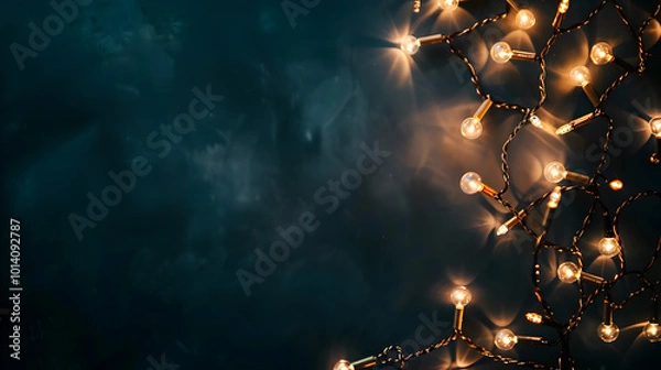 Fototapeta Christmas banner with copy space, glowing garland on dark blue background with space for text