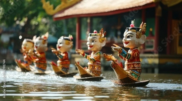Obraz A traditional Vietnamese water puppet performance, with puppets gliding across the surface of the water in an open-air theater.