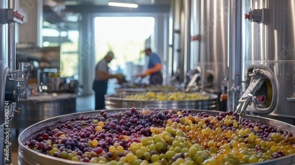 Obraz Grapes fermenting in large stainless steel tanks at a modern winery, with workers in the background.
