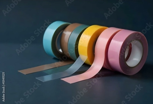 Fototapeta adhesive sticky tapes of different widths and colors positioned on a dark background, with a soft light creating a gradient effect across the scene create with ai