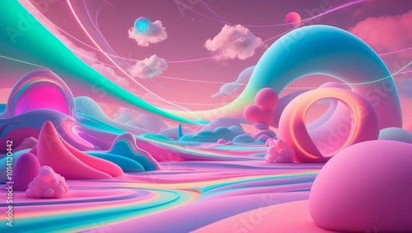 Fototapeta Generate a surreal scene with vibrant neon and pastel colors, featuring dreamlike landscapes with flowing gradients and glowing, ethereal shapes. The background should have a psychedelic feel, incorpo