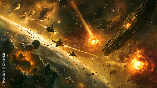 Obraz Generative AI, Laser-Firing Drones Engage in Epic Space Battle