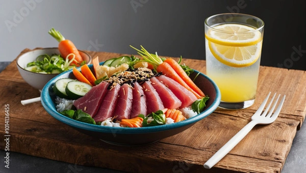 Fototapeta A colorful dinner setup featuring a poke bowl with fresh tuna, vegetables, and a glass of lemon water, designed to inspire a balanced diet and active lifestyle