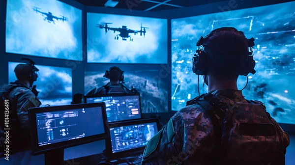 Obraz Generative AI, Remote Drone Piloting in a Futuristic War Room