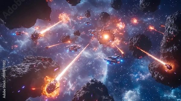 Obraz Generative AI, Swarms of Drones Battle in Space: Laser Cannons & Asteroids