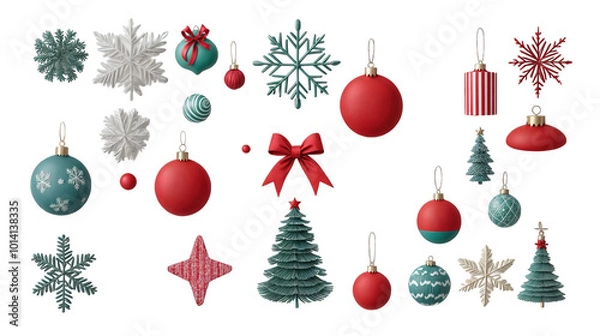 Fototapeta Set of Christmas ornaments with snowflakes and festive decorations isolated on transparent background

