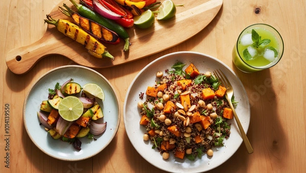 Obraz A vibrant lunch scene with a quinoa salad, grilled vegetables, and a green juice, ideal for promoting clean eating and mindful nutrition