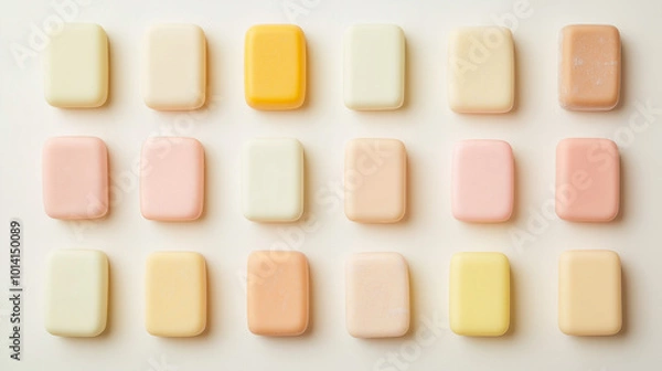 Obraz a background of a collection of rounded rectangular solid soaps arranged symmetrical on a soft white background