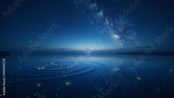 Fototapeta 「静かな夜の海に広がる美しい星空とミルキーウェイ、海面に反射する星の光が幻想的で、波紋が広がる水面が神秘的な雰囲気をさらに引き立てる、夜空と自然が調和した壮大なシーン」