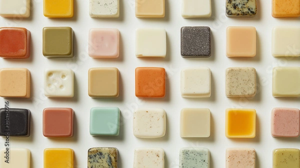 Obraz a background of various solid soaps arranged symmetrical with soft shadow effects, creating a sense of depth, on a soft white background