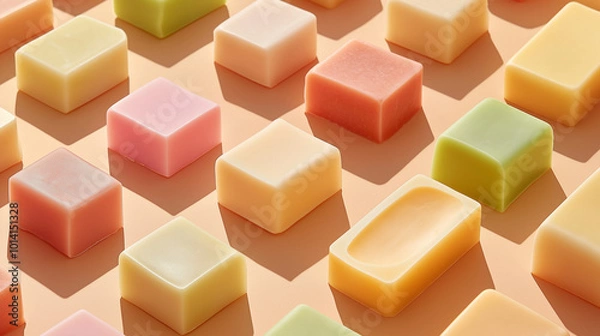 Obraz a digitally created high-quality photograph of smooth-edged, rectangular solid soaps arranged in a perfectly neat and orderly fashion on a soft light peach background