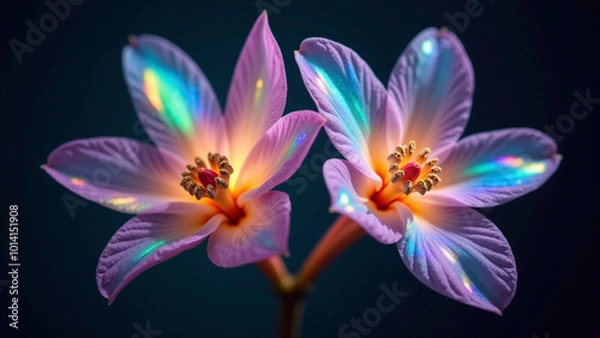 Fototapeta 「虹色に輝く幻想的な花が二輪、暗い背景の中で光り輝き、自然界には存在しない美しい発光を持つ花びらが幻想的で超現実的な魅力を放つ、神秘的なデザイン」