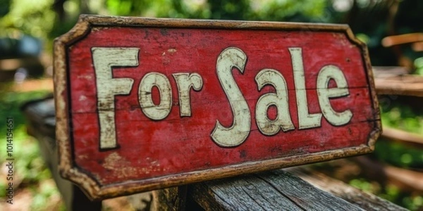 Fototapeta A rustic wooden For Sale sign with bold, vintage lettering displayed outdoors on a weathered wood surface, indicating the sale of an item or property