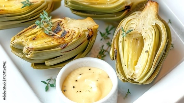 Fototapeta Freshly grilled artichokes served with creamy dipping sauce on a white plate, garnished with thyme for a delightful appetizer.
