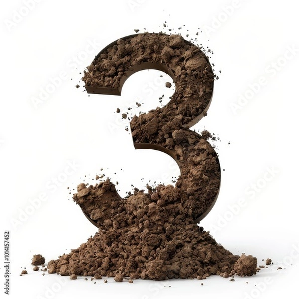 Fototapeta Dirt number 3, soil isolated on white, number of the English alphabet isolated on white background.