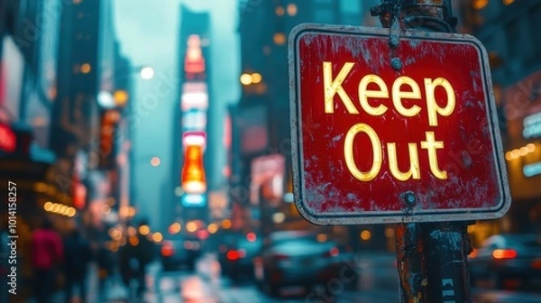 Fototapeta A bustling city street at night with bright lights and signs, prominently featuring a weathered Keep Out sign in sharp focus, highlighting urban restrictions