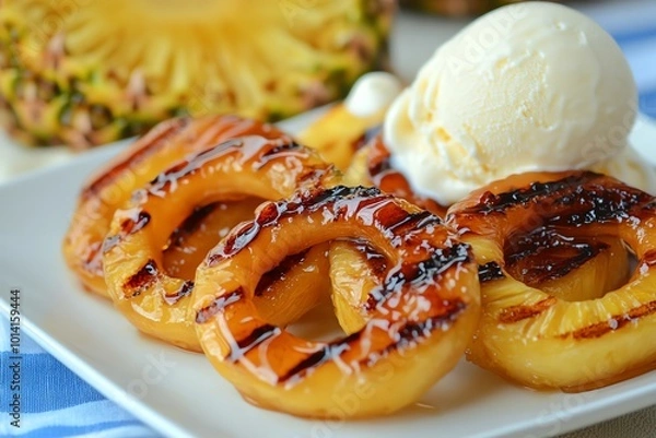 Fototapeta Grilled pineapple rings with a drizzle of caramel sauce served with a scoop of vanilla ice cream on a white plate. Perfect summer dessert.