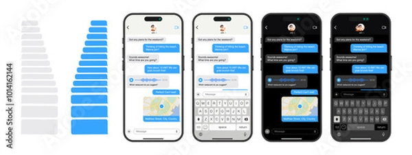 Fototapeta Smartphone Messaging App: Vector UI and UX Design with Dark and Light Mode, Chat Bubbles, Map Sharing, and Voice Messaging
