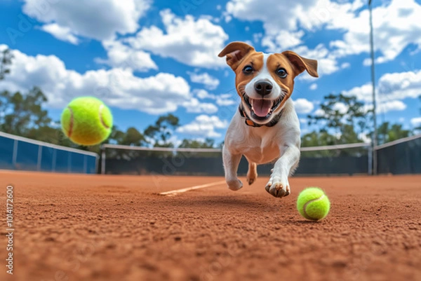 Obraz Cão brincando com bola de tênis em quadra ao ar livre, capturado em close-up com perspectiva dinâmica, mostrando expressões de alegria e energia. Cenário com céu azul e nuvens, imagem criada por IA