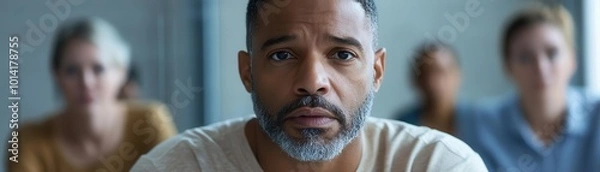 Fototapeta A group therapy session in a prison cell, closeup on expressions, soft lighting, neutral tones, serious faces, rehabilitation focus, photojournalistic style, intimate detail