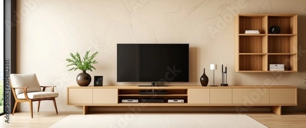 Fototapeta TV Cabinet Against the Wall in 3D Modern Interior with Wooden Table