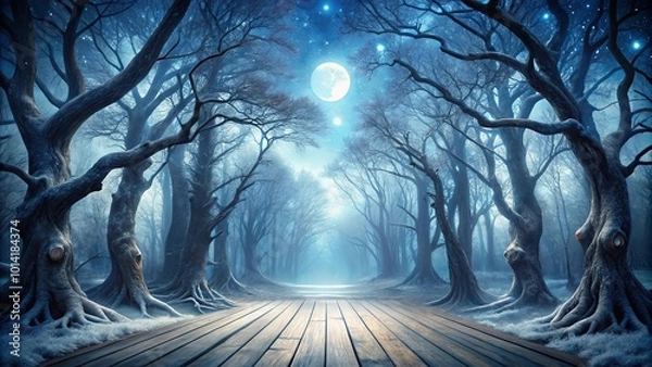 Fototapeta A Mystical Woodland Path Under a Full Moon, Illuminated by Stars, Where Ancient Trees Stand Tall and the Ground is Covered in a Soft Layer of Frost.