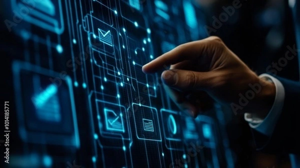 Fototapeta Businessman interacting with a virtual compliance interface, navigating through digital data and information, symbolizing cybersecurity, data protection, digital transformation, and compliance managem