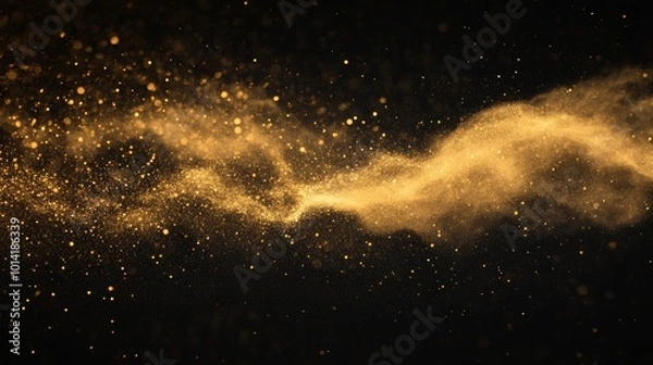 Fototapeta Golden dust swirls gracefully in the air, creating a magical atmosphere against a striking black backdrop