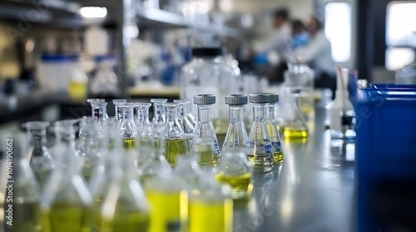 Obraz Close-up of Chemical Flasks in a Laboratory Setting