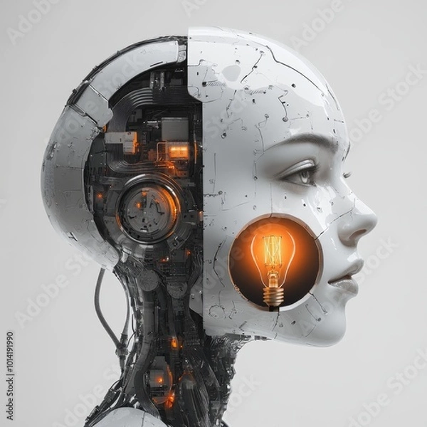 Fototapeta A robot head holding an electric bulb, half of the face is white and has gears on it, half in silver with lightbulb inside.