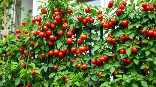 Fototapeta A lush green balcony transforms into a haven of verdant life, with cherry tomato plants spilling over the