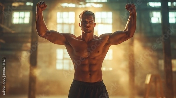 Fototapeta An athlete proudly raises his arms in triumph, demonstrating the highest level of physical prowess and commitment and signifying strength, accomplishment, and tenacity.