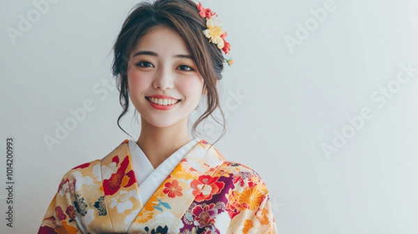 Obraz 着物姿の笑顔の若い日本人女性